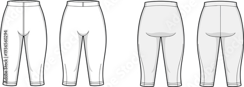 Women capri leggings fashion template, fitted cropped pants design, female sportswear clothing outline, vector apparel illustration set