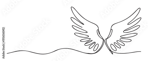 Minimalist continuous single line drawing of two elegant soaring wings, conveying lightness and freedom, ideal for serene spiritual messages and contemporary visual identities.