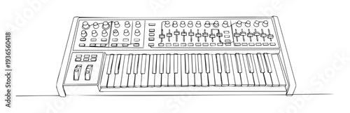 Black outline drawing of a classic musical synthesizer keyboard displaying control panel knobs, faders, and buttons for electronic sound creation, perfect for audio production and music
