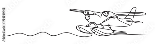 Minimalist one line depiction of a seaplane landing on calm water symbolizing freedom exploration and tranquil journeys ideal for travel blogs or aviation themed decor