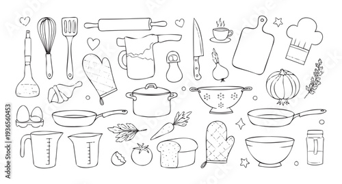 Black and white outline drawings of essential kitchen utensils, cooking tools, and fresh food ingredients perfect for culinary themed branding, recipe book covers, or educational resources.