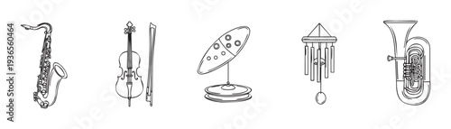 Assortment of musical instruments featuring a saxophone cello ocarina wind chimes and tuba perfect for music education and entertainment projects