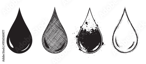A compilation of stylized black water drops displaying varied textures from solid and crosshatch to grunge and brushstroke, suitable for environmental projects or liquidthemed branding.