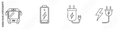 Set of doodle line icons depicting electric vehicle components such as a charging bus, high capacity battery, wall adapter, and power source for energy technology.