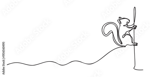 A single continuous line drawing depicts a playful squirrel climbing a slender vertical branch, creating a minimalist and engaging visual suitable for naturethemed graphic projects and