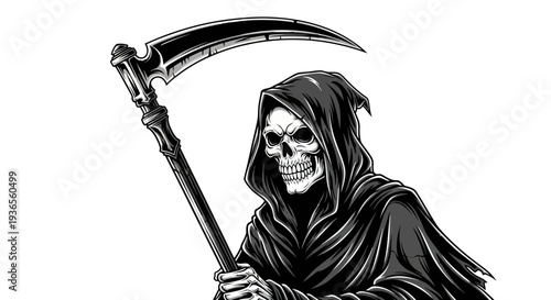 Grim Reaper with Scythe, Skull, Hooded Figure, Death Symbol, Black and White Vector