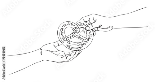 A pair of hands exchanging a classic twisted pretzel, symbolizing sharing and hospitality, suitable for foodrelated projects, bakery advertisements, or cultural festival promotions.