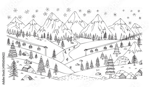 Handdrawn winter mountain landscape featuring ski slopes, skiers, cable cars, and snowcovered trees, perfect for a coloring book activity or travel advertisement