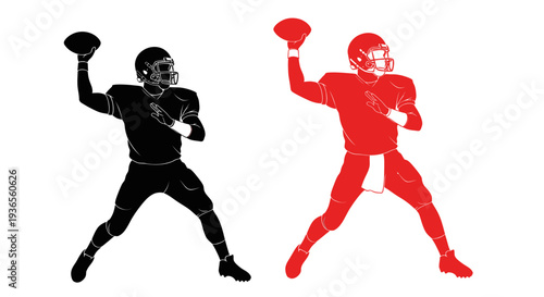 American Football Quarterback Silhouette Throwing Pass, Black and Red