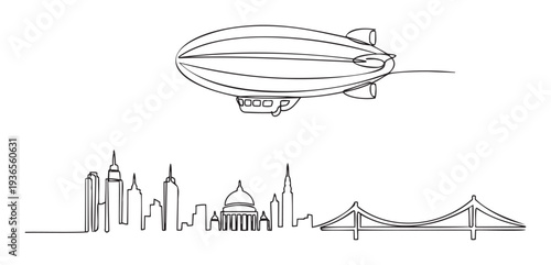 Minimalist continuous line drawing of an airship over a city skyline featuring skyscrapers, a dome, and a bridge, perfect for themes of urban exploration, global travel, and future