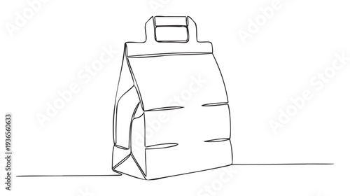 Continuous line drawing of a tall paper delivery bag with a sturdy handle, perfect for showcasing food packaging, retail sales, or sustainable shopping concepts.