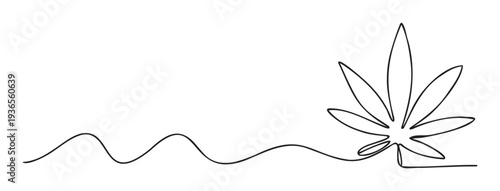 Minimalist continuous line drawing depicting a cannabis sativa leaf connected to a flowing wavy line, perfect for wellness product packaging or herbal medicine related graphic resources.