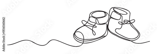 Minimalist one line drawing of two adorable baby shoes, perfect for infant announcements, shower invitations, or sweet nursery wall decor.