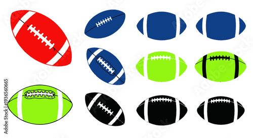 Collection of American Football Balls in Various Colors: Red, Blue, Green, Black