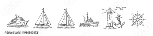 Collection of nautical voyage elements showcasing various boats, a majestic lighthouse, an anchor, and a classic ship wheel, ideal for travel themed graphic projects and decor.
