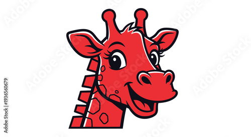 Cute cartoon red giraffe head mascot, friendly smiling character, isolated on white background