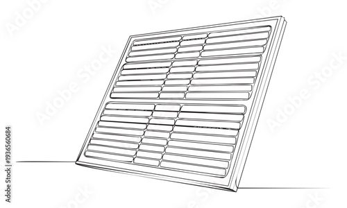 Detailed black and white line drawing of a modern solar energy panel, perfect for educational materials, renewable power concepts, and sustainable technology presentations.