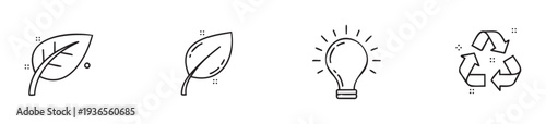 Essential environmental sustainability line icons featuring nature leaves, an energy saving light bulb, and a recycling symbol for eco friendly projects and presentations.