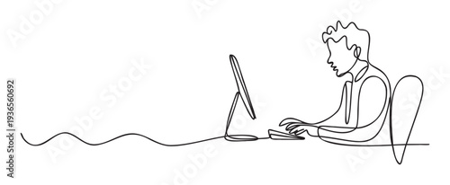 Minimalist one line drawing of a person working on a computer at a desk, perfect for technology, business, or education related visual communication