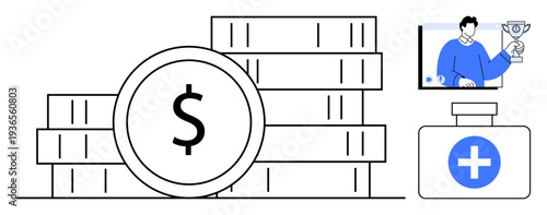 Stacked dollar coins indicating wealth, health cross symbol for insurance, and online figure holding a trophy for success. Ideal for finance, healthcare, digital achievements, business, economy