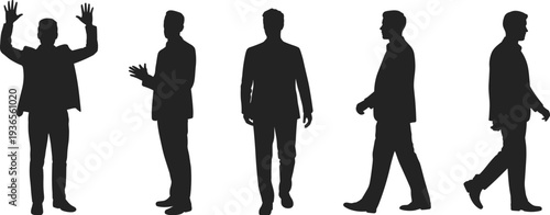 Businessman silhouette collection, confident male professional standing walking and greeting isolated on white background corporate flat vector illustration