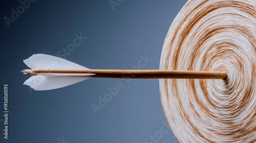 wooden arrow piercing a straw target in side view — a classic archery scene for sports and instructional materials.