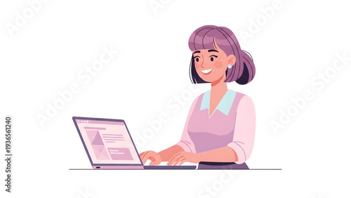 Smiling businesswoman working on laptop in modern office setting