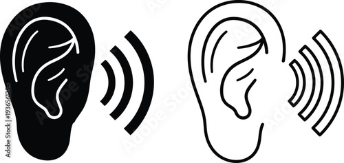 Stylized ear icons with sound wave lines, one solid and one outlined, symbolizing listening, hearing, audio communication, and accessibility concept illustration design