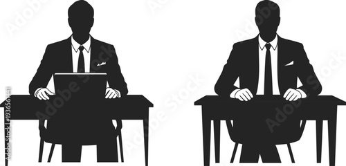 Businessman sitting at desk silhouette set, corporate professional working on laptop in modern office flat vector illustration