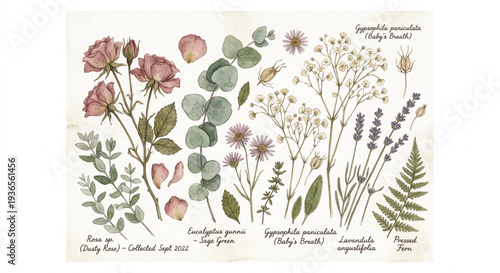 Vintage Botanical Specimen Sheet Watercolor Illustration with Rose Eucalyptus Lavender and Fern