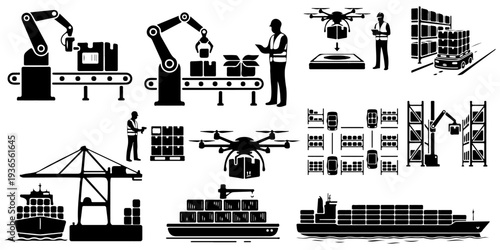 Set of smart logistics and automated warehouse silhouettes, including robotic arms, delivery drones, cargo ships with containers, harbor crane and autonomous robots isolated