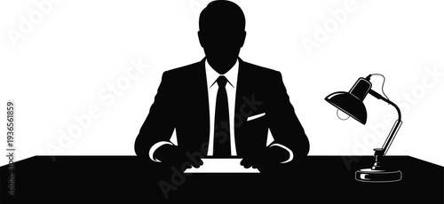 Businessman sitting at office desk silhouette, corporate executive workplace concept, professional leadership office environment, manager working illustration