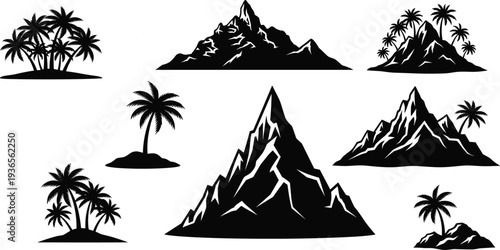 Tropical island mountain silhouette collection featuring rocky peaks with palm trees and exotic beach landscape elements isolated on white background for summer vacation design