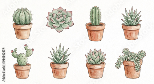 Watercolor Cactus and Succulent Collection Botanical Illustration Set