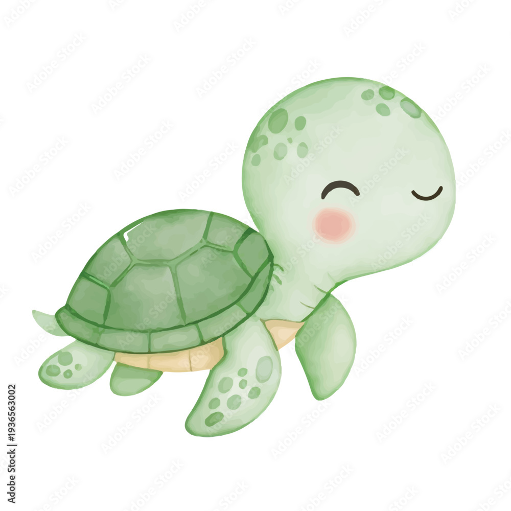 Obraz premium Cute green turtle with shell walking from water onto sandy beach in a simple cartoon wildlife illustration
