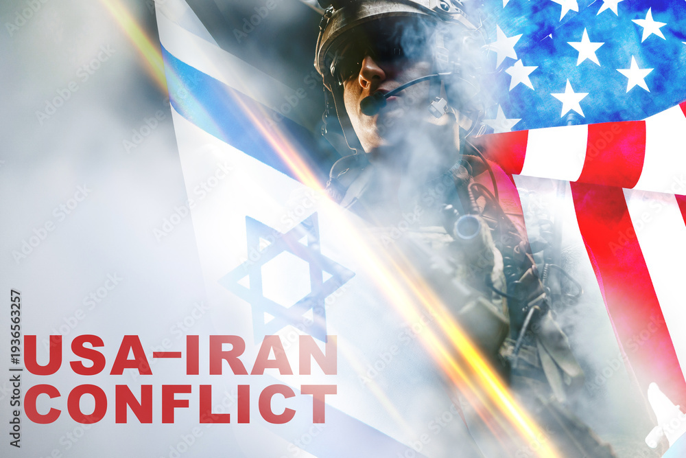 Fototapeta premium Conflict between USA and Iran shows military presence with flags and soldier