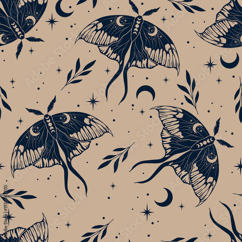 Retro seamless pattern with moths. Boho magic background with space elements stars, butterflies. 
