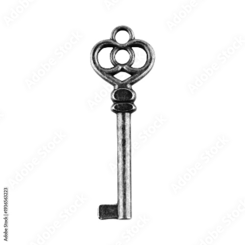 Halftone dotted illustration of a vintage key. Monochrome antique skeleton key isolated on light background, classic security and access symbol.