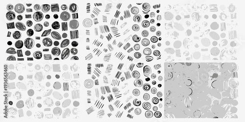 Abstract collection of hand drawn shapes and brushstroke textures in grayscale