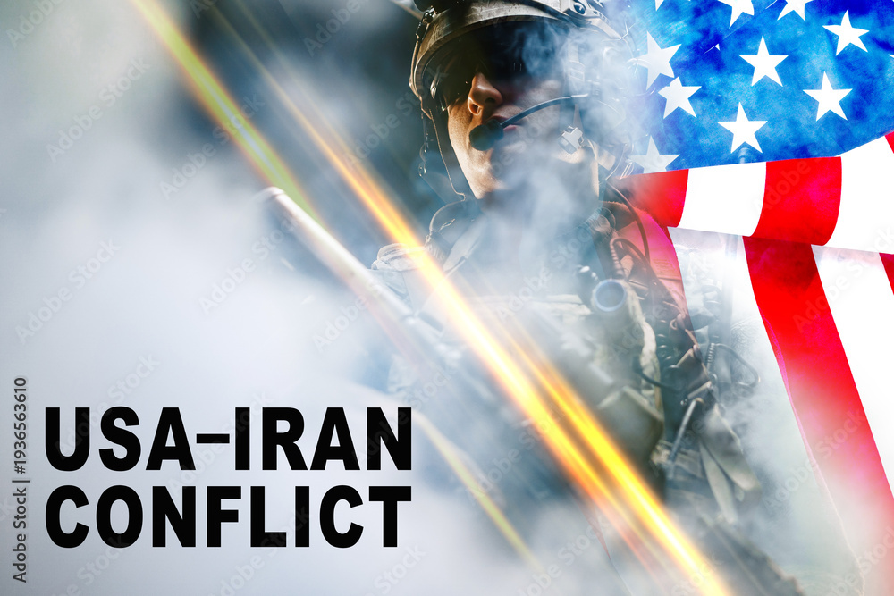Fototapeta premium USA-Iran conflict represented through military and national symbols in a tense setting
