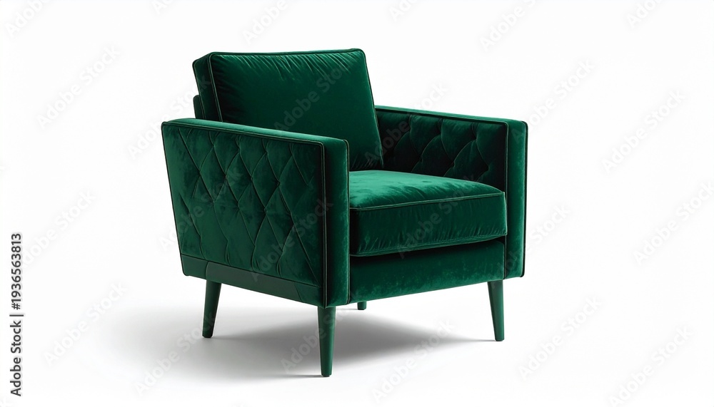 Obraz premium Elegant Emerald Green Armchair Velvet Upholstery Modern Design Stylish Home Furniture for Interior Decor.