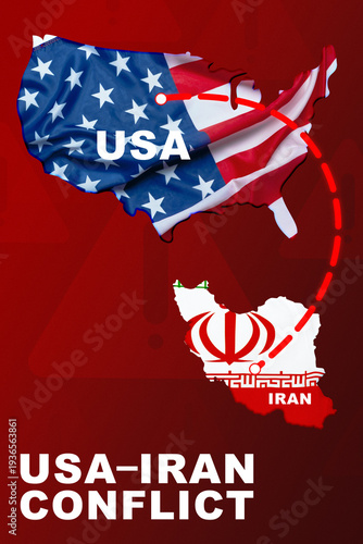 Conflict between Iran and USA shown through a map displaying flags and symbols