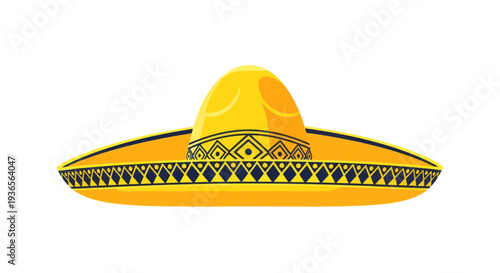 Yellow Sombrero Hat with Traditional Mexican Pattern - Isolated