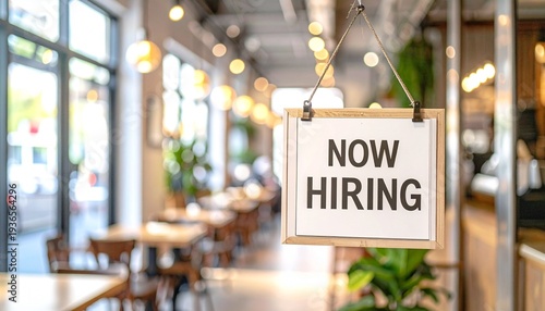 Now hiring sign in a restaurant showing employee recruitment for the hospitality industry during staffing challenges.