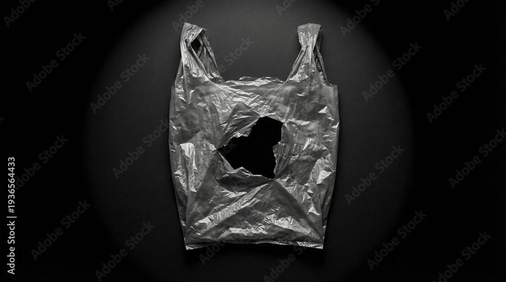 Fototapeta premium Torn Plastic Bag with Large Hole on Black Background