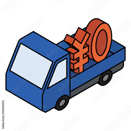 ￥0ロゴを運ぶトラックのアイソメトリックイラスト