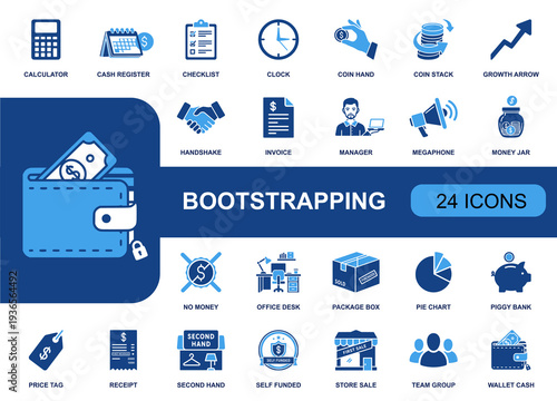 Bootstrapping icon set. Containing calculator, cash register, invoice, coin stack, piggy bank, self funded, office desk, pie chart, wallet, growth and more. Solid fill icons collection.