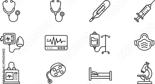 Medical Equipment and Hospital Diagnostic Icon Set with Stethoscope Thermometer Syringe Blood Pressure Monitor and Surgery Light Symbols