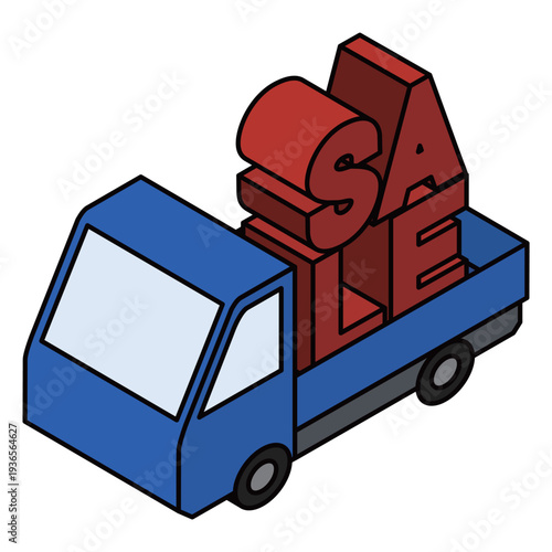 立体的なSALEロゴを運ぶトラックの3Dイラスト