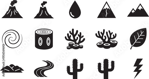 Nature and Environment Icon Set with Volcano Mountain Peaks Coral Reef Forest Wood Cactus and Natural Disaster Symbols